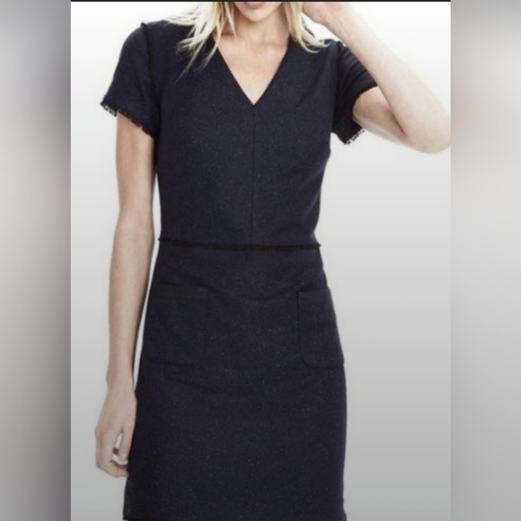 BANANA REPUBLIC Navy Blue Speckle Tweed Flannel Wool Fringe Sheath Dress(#1,092) - Picture 1 of 10